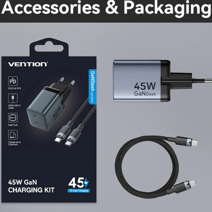 Vention Cargador de Pared GaN TZ-FCDH0-EU con 2x USB-C y Cable USB-C 45W